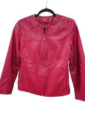 VTG Andrew Marc Red Lambskin Soft Leather Jacket Tapered Retro Biker Moto Sz M